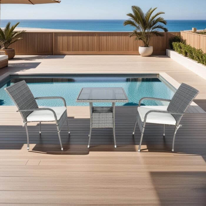 3 Piece Patio Wicker Conversation Set Grey Wicker + white Cushion - Image 2