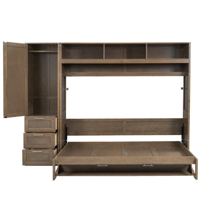 Full Size Murphy Bed with Wardrobe, Drawers and Open Shelves, Antique Grey - Image 19