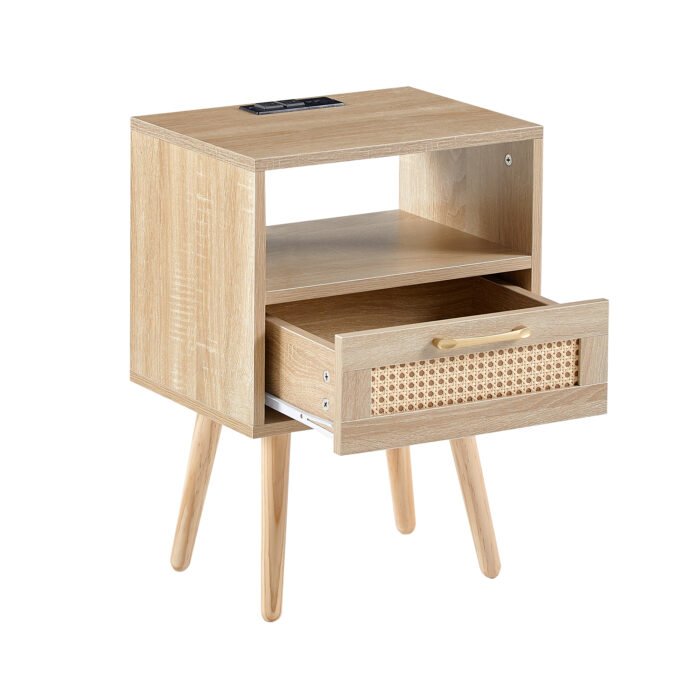 Rattan Nightstand with Power Outlet & USB Ports and drawer - Image 12