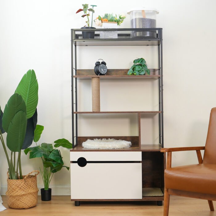Cat Wooden Litter Box Enclosure with Shelves and Scratching Posts - Image 3