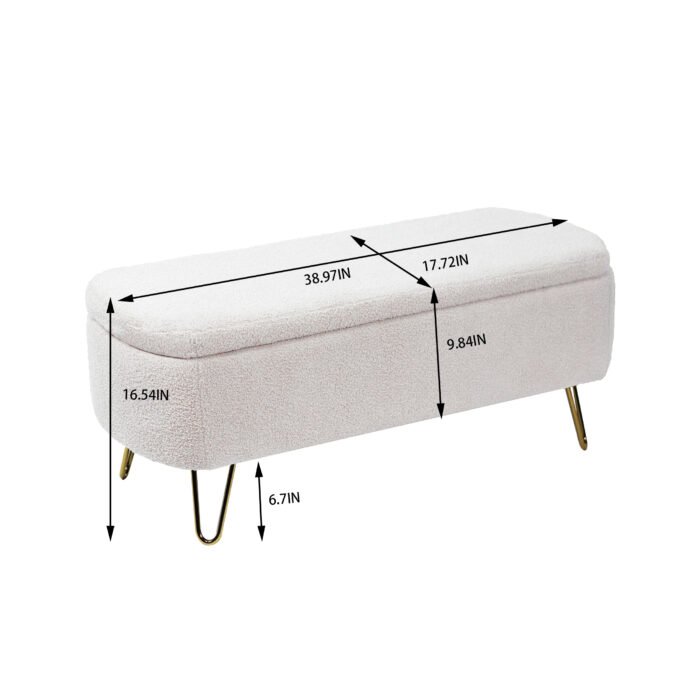 Ivory White Storage Ottoman Bench for End of Bed with Gold Legs - Image 10
