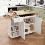 Kitchen Island Cart with Solid Wood Top, Wine Storage, Spice Rack, Towel Rack and Wine Glass Holder - Image 2