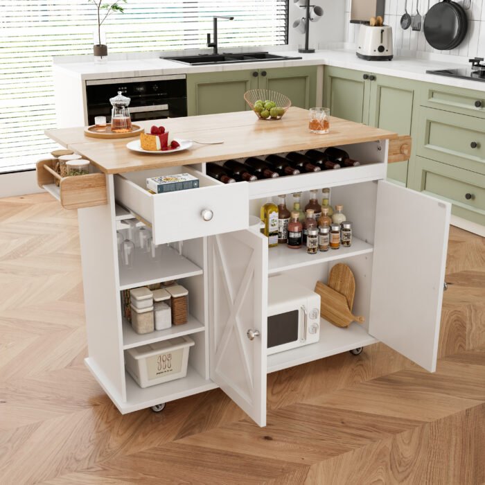 Kitchen Island Cart with Solid Wood Top, Wine Storage, Spice Rack, Towel Rack and Wine Glass Holder - Image 2