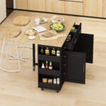 Multi Functional Kitchen Island Cart with Spice Rack and Towel Holder, Wine Rack and Foldable Table Top (Black) - Image 2
