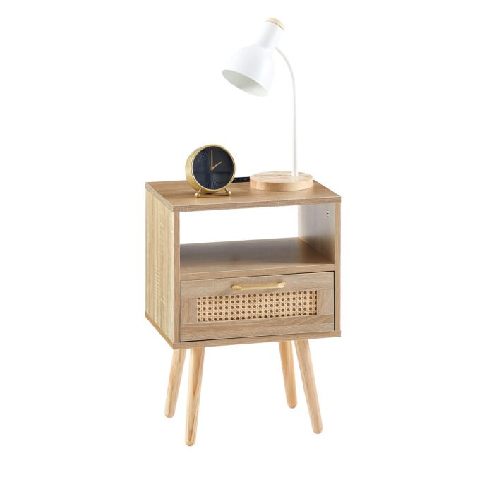 Rattan Nightstand with Power Outlet & USB Ports and drawer - Image 5