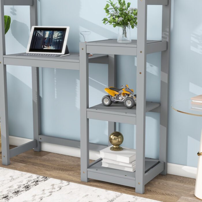 House-shaped Wooden writing Desk Kids study Table Bookshelf Gray - Image 4