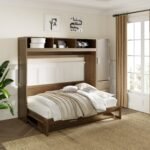 Full Size Murphy Bed with Wardrobe, Drawers and Open Shelves, Antique Grey - Image 6