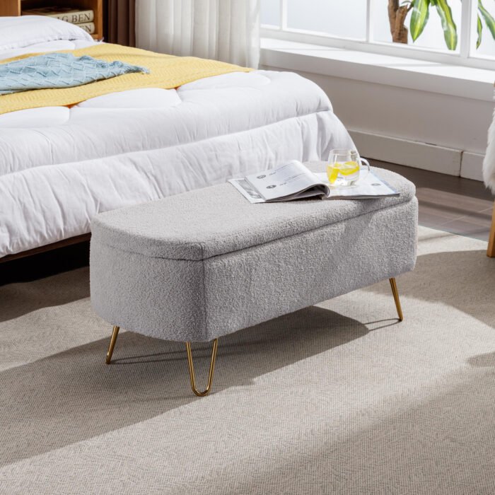 Grey Storage Ottoman Bench for End of Bed Gold Legs - Image 3