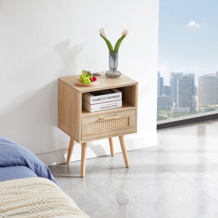 Rattan Nightstand with Power Outlet & USB Ports and drawer - Image 3