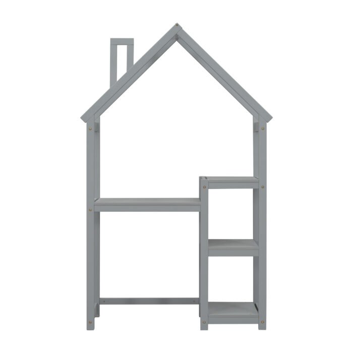 House-shaped Wooden writing Desk Kids study Table Bookshelf Gray - Image 9