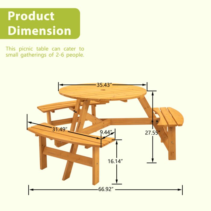 6-Person Circular Outdoor Wooden Picnic Table for Patio - Image 2