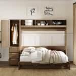 Full Size Murphy Bed with Wardrobe, Drawers and Open Shelves, Antique Grey - Image 7