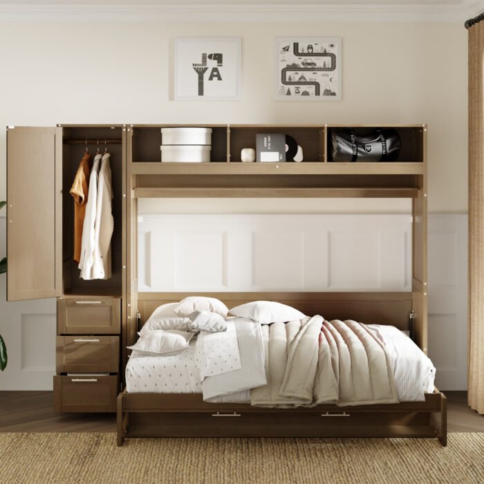Full Size Murphy Bed with Wardrobe, Drawers and Open Shelves, Antique Grey - Image 7