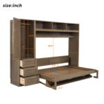 Full Size Murphy Bed with Wardrobe, Drawers and Open Shelves, Antique Grey - Image 15