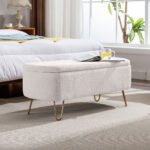 Ivory White Storage Ottoman Bench for End of Bed with Gold Legs