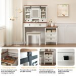 46.5-inch dressing table with adjustable LED lighting mirror and charging station and soft cushioned stool - Image 7