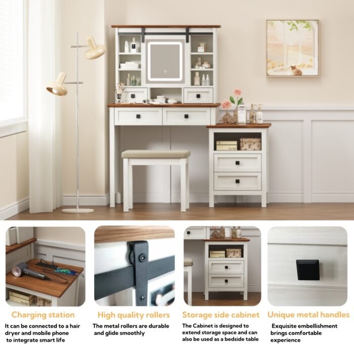 46.5-inch dressing table with adjustable LED lighting mirror and charging station and soft cushioned stool - Image 7