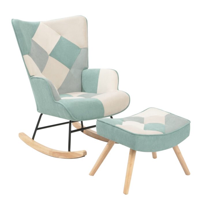 Rocking Chair with ottoman Fabric with Wooden Legs and Patchwork Linen - Image 4