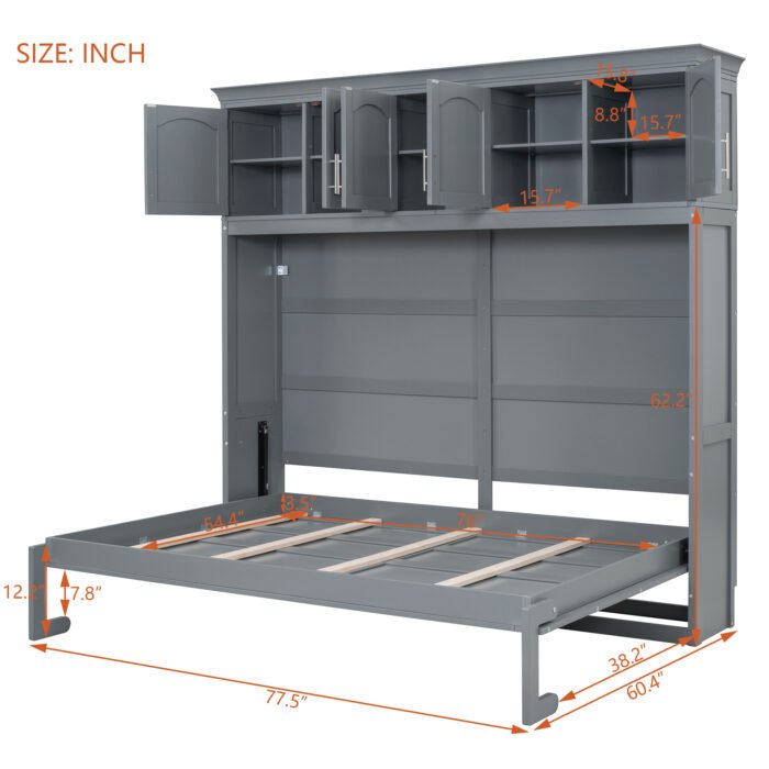 Full Size Murphy Bed Wall Bed with Top Cabinets,Gray - Image 9