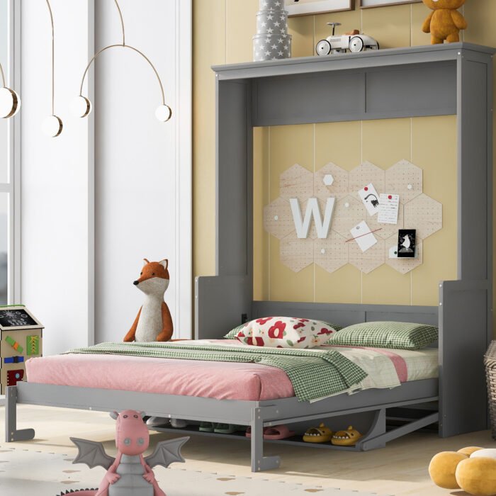 Queen Size Murphy Bed with a Shelf, Gray - Image 3