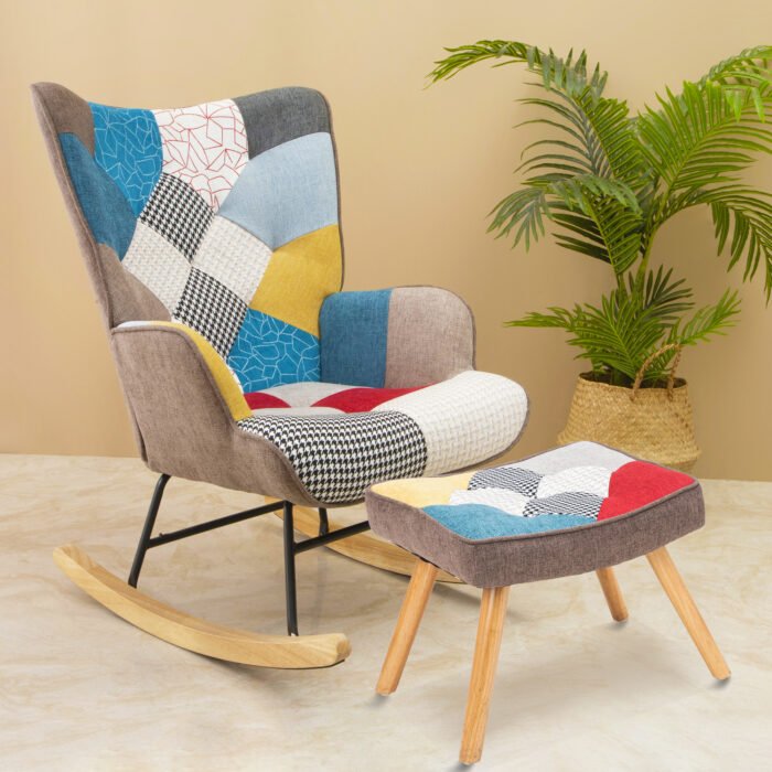 Rocking Chair with ottoman, Mid Century Fabric with Wooden Legs - Image 2