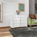 Bedroom dresser 9 drawer long with antique handles wood chest