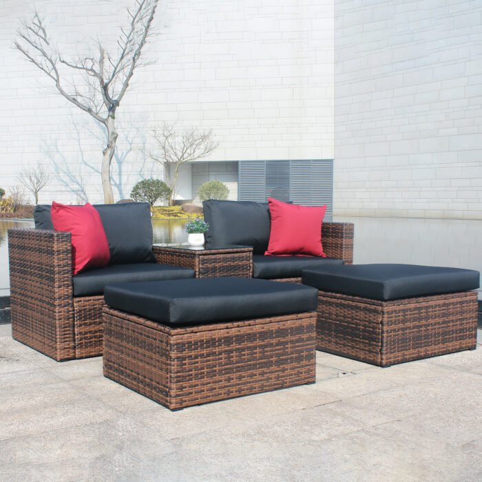 5 Pieces Outdoor Patio Garden Brown Wicker Sectional Conversation Sofa Set - Image 3