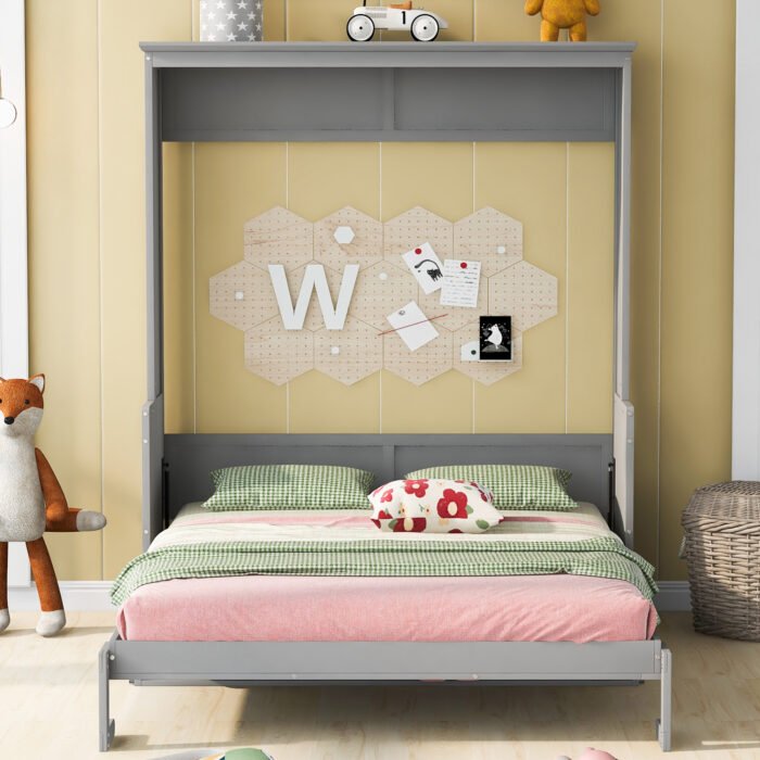 Queen Size Murphy Bed with a Shelf, Gray - Image 2