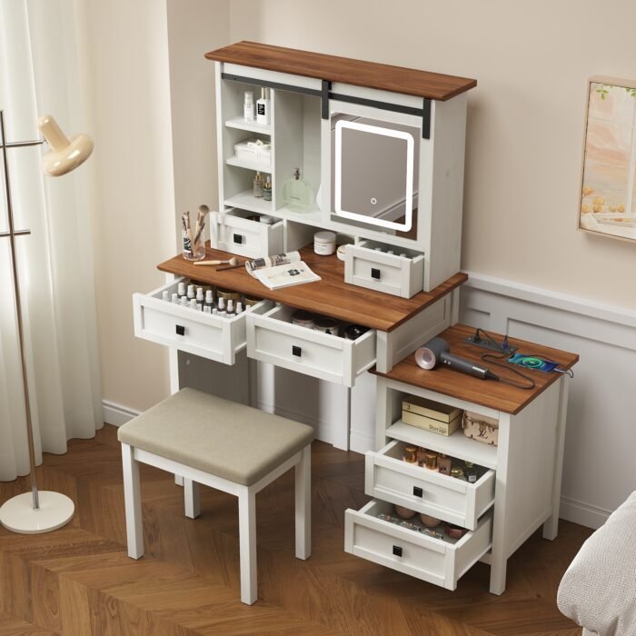 46.5-inch dressing table with adjustable LED lighting mirror and charging station and soft cushioned stool - Image 3