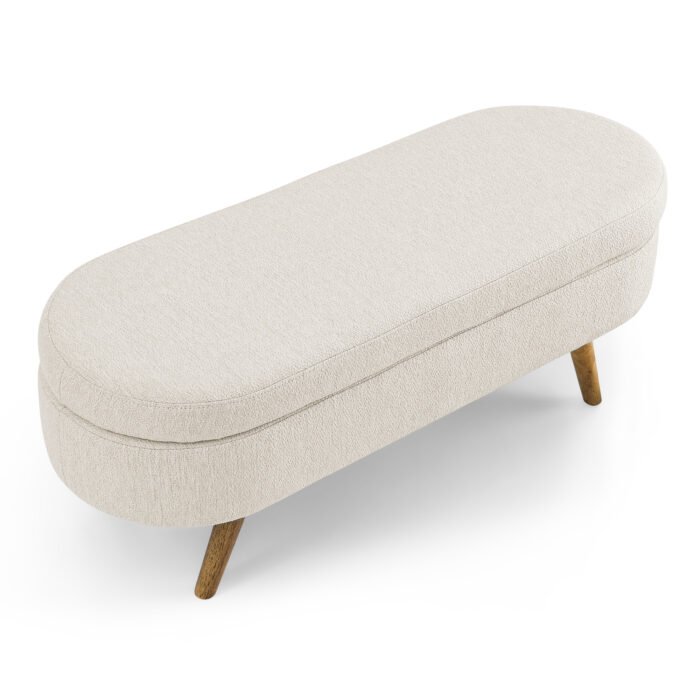 Ottoman Oval Storage Bench Rubber Wood Legs Beige - Image 8