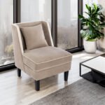 Velvet Upholstered Accent Chair with Cream Piping