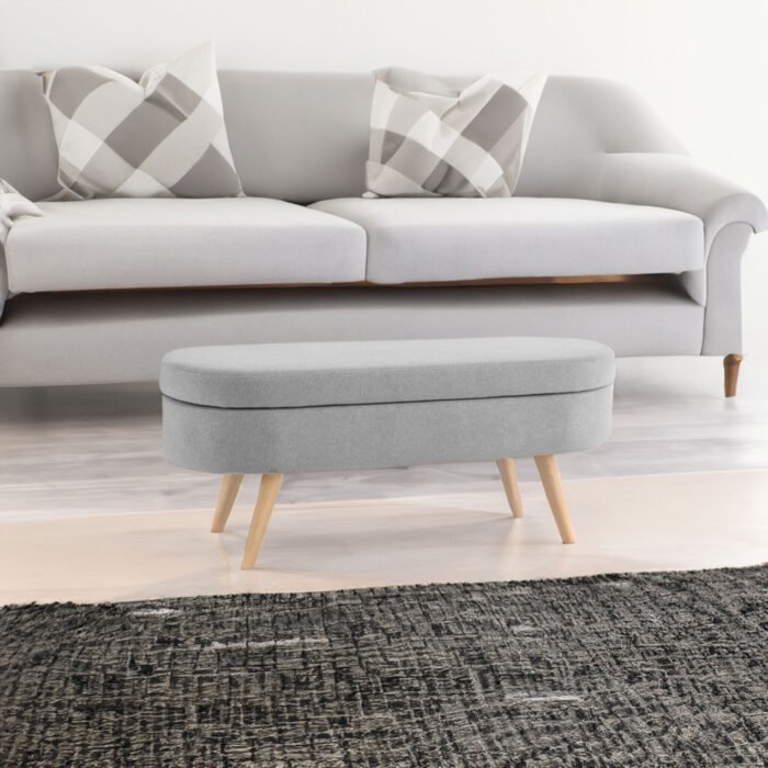 Ottoman Oval Storage Bench Rubber Wood Legs Grey - Image 2