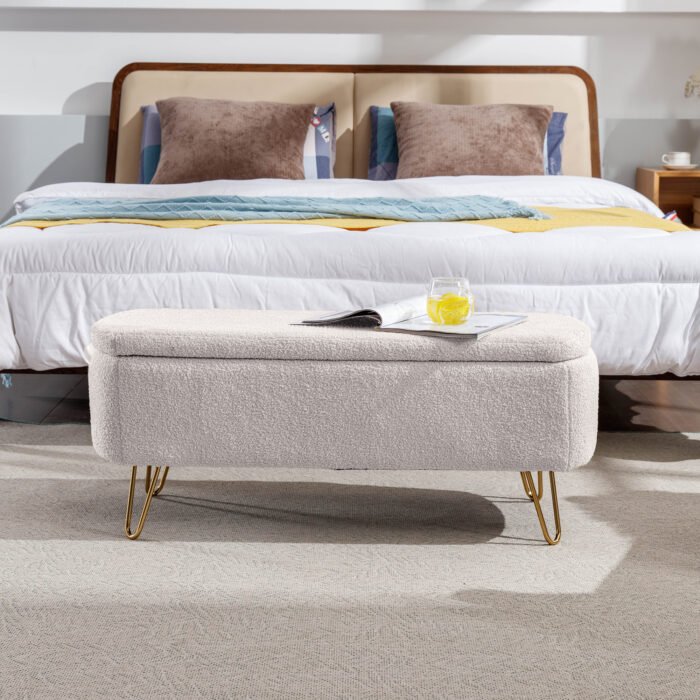 Ivory White Storage Ottoman Bench for End of Bed with Gold Legs - Image 2