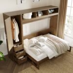 Full Size Murphy Bed with Wardrobe, Drawers and Open Shelves, Antique Grey - Image 5
