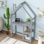 House-shaped Wooden writing Desk Kids study Table Bookshelf Gray - Image 2