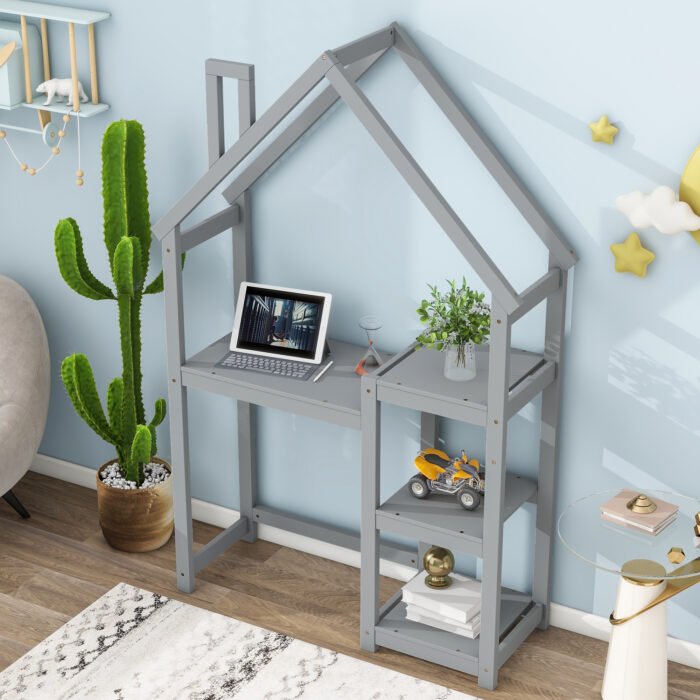 House-shaped Wooden writing Desk Kids study Table Bookshelf Gray - Image 2