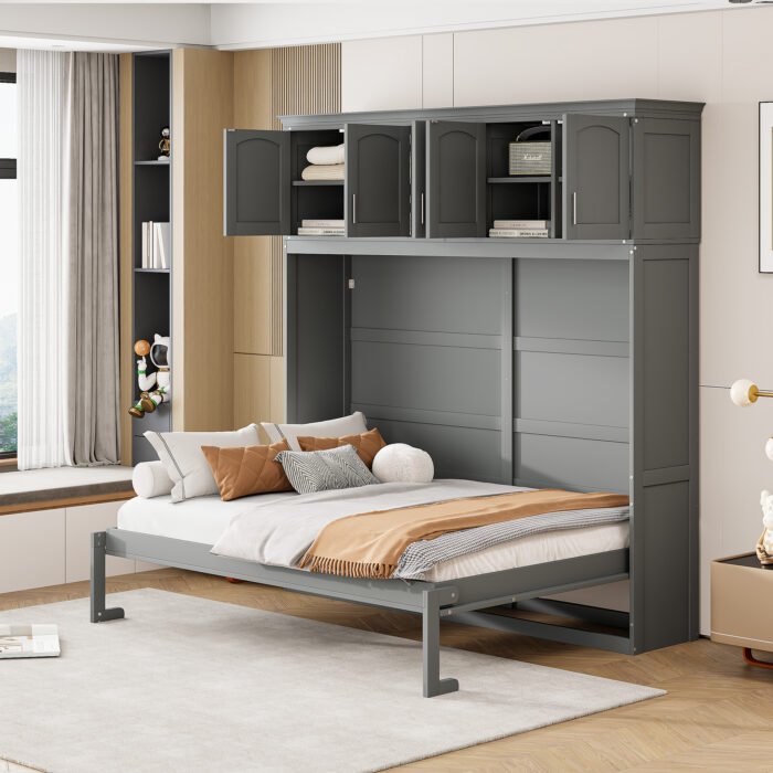 Full Size Murphy Bed Wall Bed with Top Cabinets,Gray - Image 2