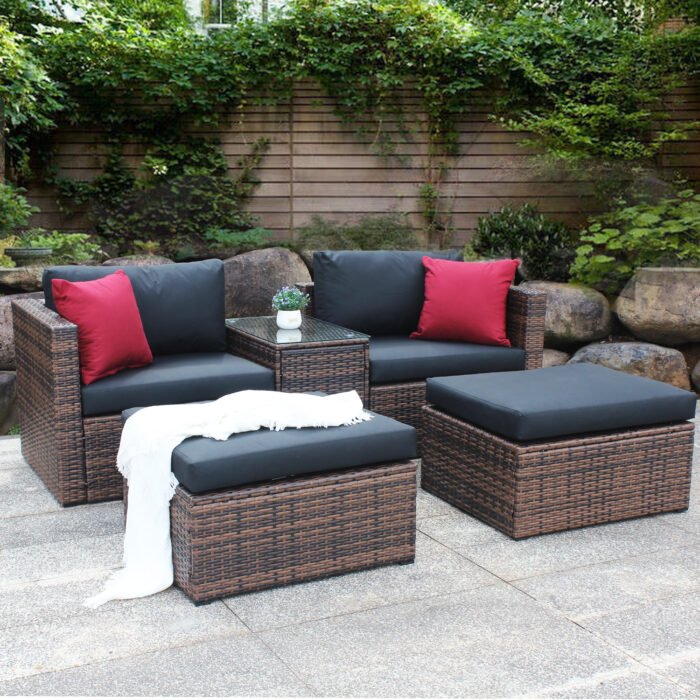 5 Pieces Outdoor Patio Garden Brown Wicker Sectional Conversation Sofa Set - Image 2