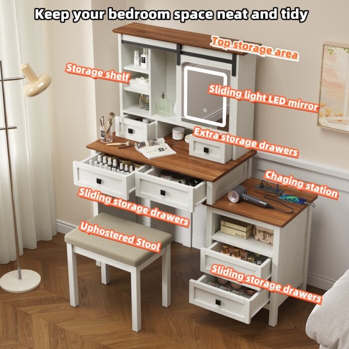 46.5-inch dressing table with adjustable LED lighting mirror and charging station and soft cushioned stool - Image 6