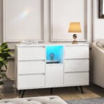 Living Room Sideboard Storage Cabinet White High Gloss with LED Light - Image 2