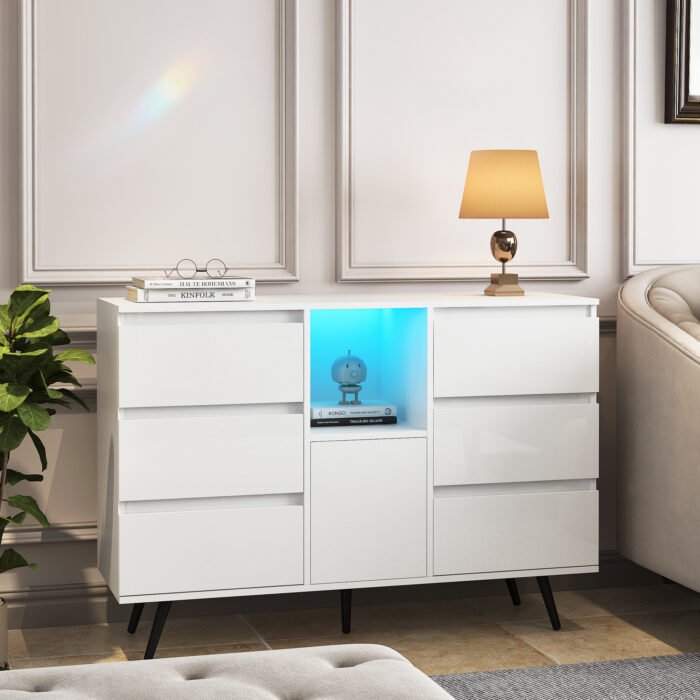 Living Room Sideboard Storage Cabinet White High Gloss with LED Light - Image 2