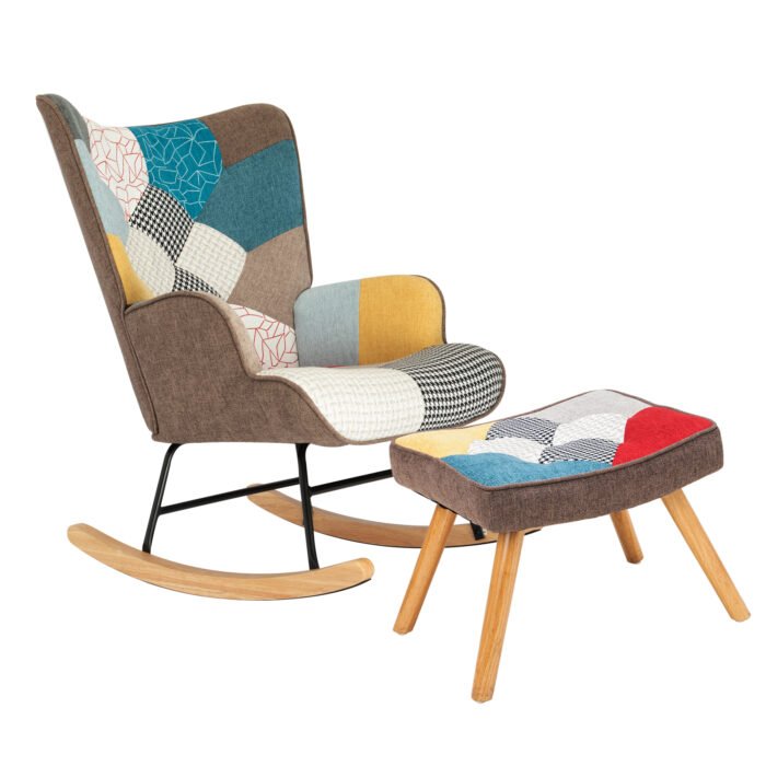 Rocking Chair with ottoman, Mid Century Fabric with Wooden Legs - Image 3