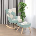 Rocking Chair with ottoman Fabric with Wooden Legs and Patchwork Linen