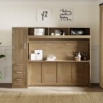 Full Size Murphy Bed with Wardrobe, Drawers and Open Shelves, Antique Grey - Image 8