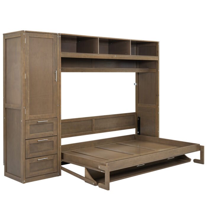 Full Size Murphy Bed with Wardrobe, Drawers and Open Shelves, Antique Grey - Image 16
