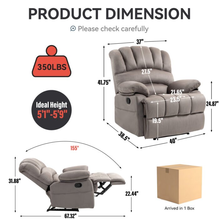 Large Manual Recliner Chair in Fabric for Living Room, Grey - Image 9