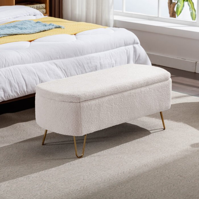 Ivory White Storage Ottoman Bench for End of Bed with Gold Legs - Image 4
