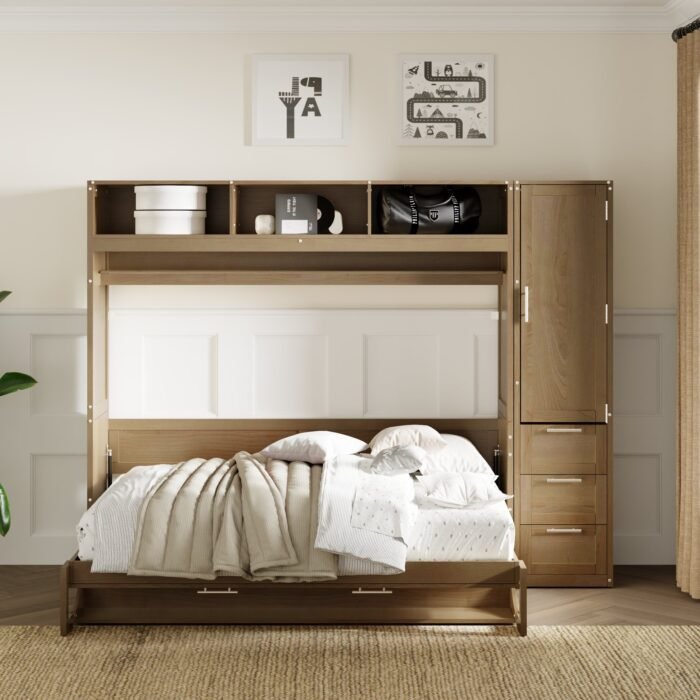 Full Size Murphy Bed with Wardrobe, Drawers and Open Shelves, Antique Grey - Image 3