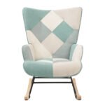 Rocking Chair with ottoman Fabric with Wooden Legs and Patchwork Linen - Image 3