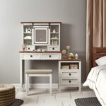 46.5-inch dressing table with adjustable LED lighting mirror and charging station and soft cushioned stool - Image 2